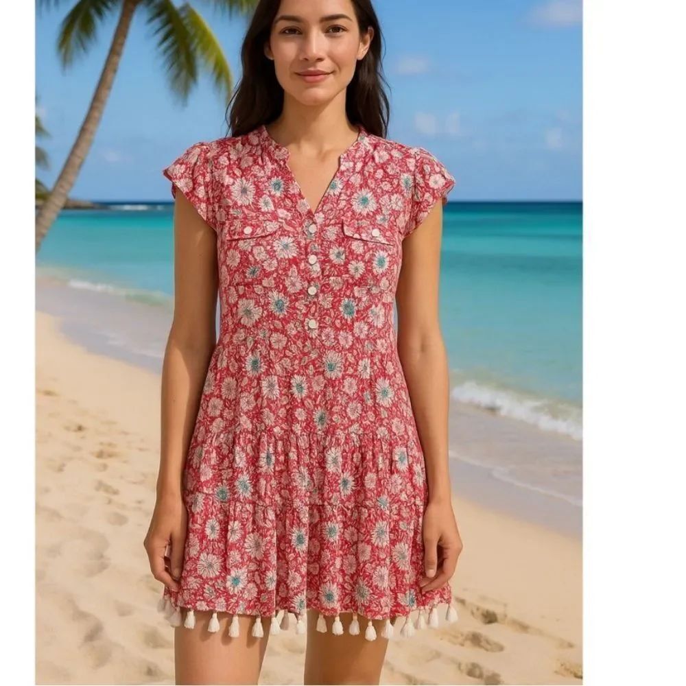 Poupette St. Barth Red and White Floral Blouse with fringe side small